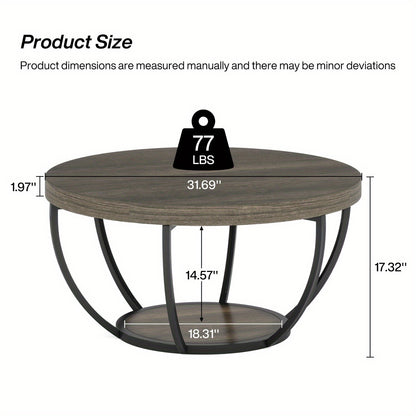 Salontafel – Woonkamertafel – Koffietafel – Bijzettafel – Tafel – 32 Inch Rond – Industrieel Design – Tweelaags Opbergruimte – Stevig Gelamineerd Hout – Grijs Zwart