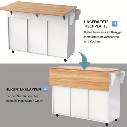 Keukentrolley – Serveerwagen – Keukenwagen – Opbergtrolley – Mobiele Kast – Wit – Massief Houten Werkblad – Verstelbare Voeten – 129x46 cm – Verrijdbaar Met Remmen