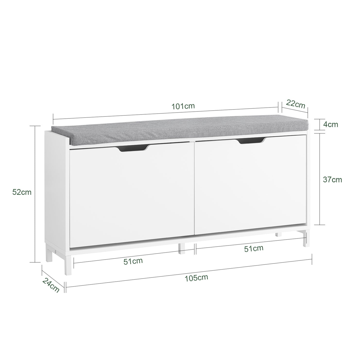 Schoenenbank – Schoenenrek – Opbergbank – Halbank – Zitbank – 4 Compartimenten – Comfortabel Zitkussen – Draagkracht 250 kg – Wit Hout 105x24x52 cm