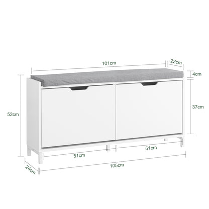 Schoenenbank – Schoenenrek – Opbergbank – Halbank – Zitbank – 4 Compartimenten – Comfortabel Zitkussen – Draagkracht 250 kg – Wit Hout 105x24x52 cm