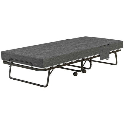 Opklapbed – Vouwbed – Logeerbed – Slaapbank – Bedbank – Donkergrijs – Met Zijvak – 10 cm Dik Matras – Ruimtebesparend Design