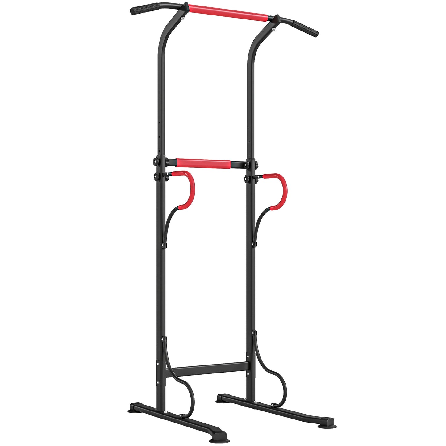 Verstelbare Power Tower – Dipstation – Pull-Up Bar – Fitnessrek – Krachtstation – Zwart Rood – Stevig Stalen Frame – Antislip Zuignappen