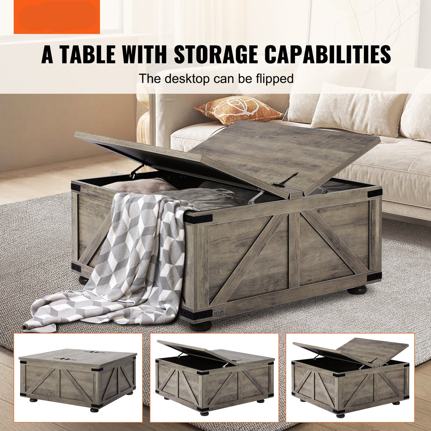 Salontafel – Koffietafel – Woonkamertafel – Bijzettafel – Landelijke Tafel – Flip-Top Design – Grote Verborgen Opbergruimte – Massief Hout – Beige
