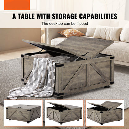 Salontafel – Koffietafel – Woonkamertafel – Bijzettafel – Landelijke Tafel – Flip-Top Design – Grote Verborgen Opbergruimte – Massief Hout – Beige