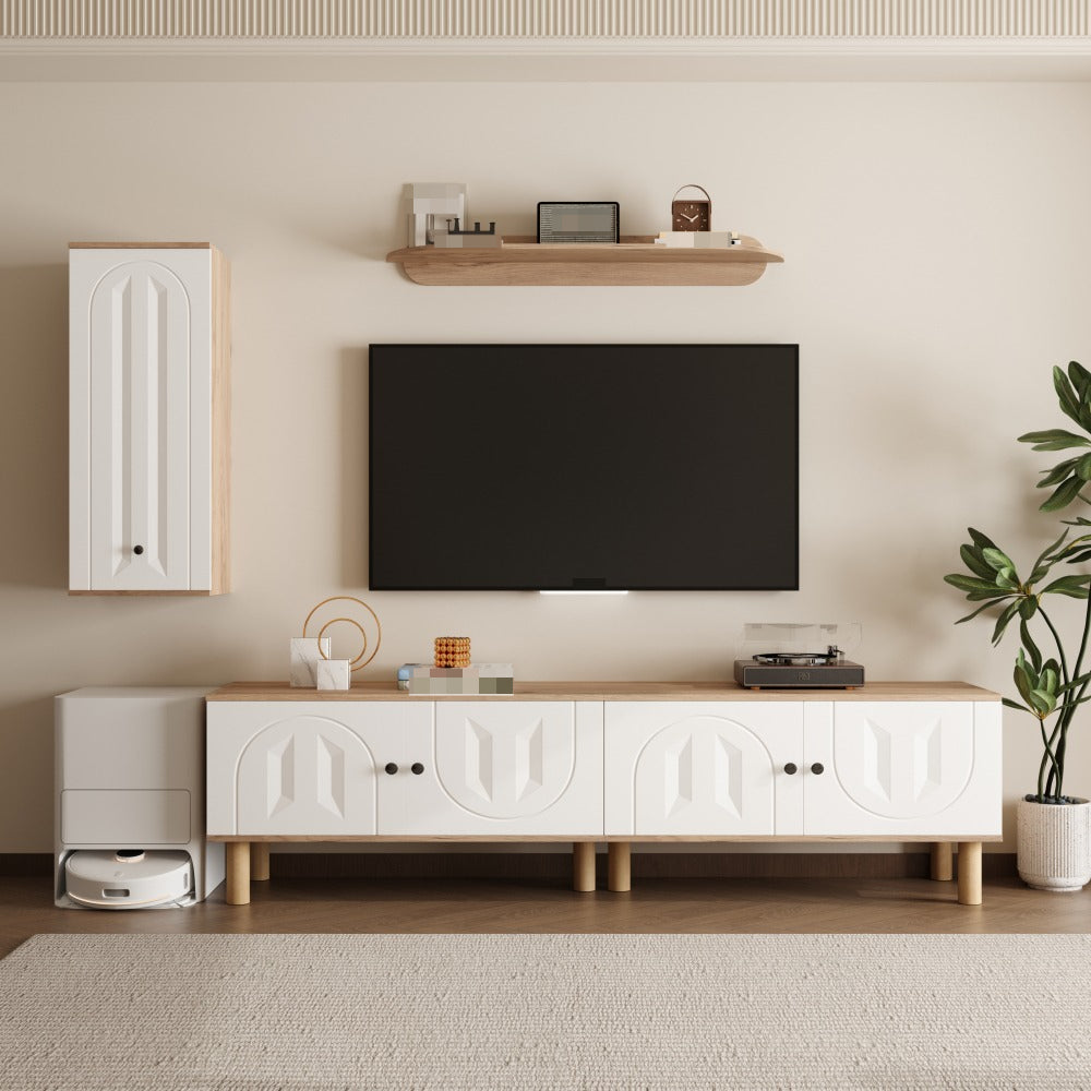tv meubel – tv dressoir – tv kast – media meubel – wandmeubel – drieluik woonkamermeubel – wit met houtdetails – ruimtebesparend design