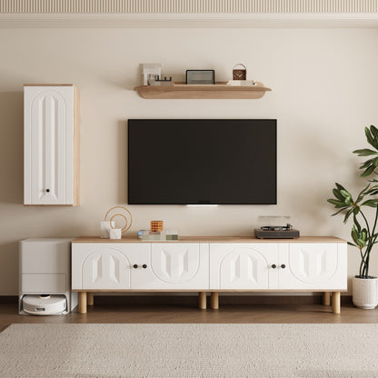 tv meubel – tv dressoir – tv kast – media meubel – wandmeubel – drieluik woonkamermeubel – wit met houtdetails – ruimtebesparend design