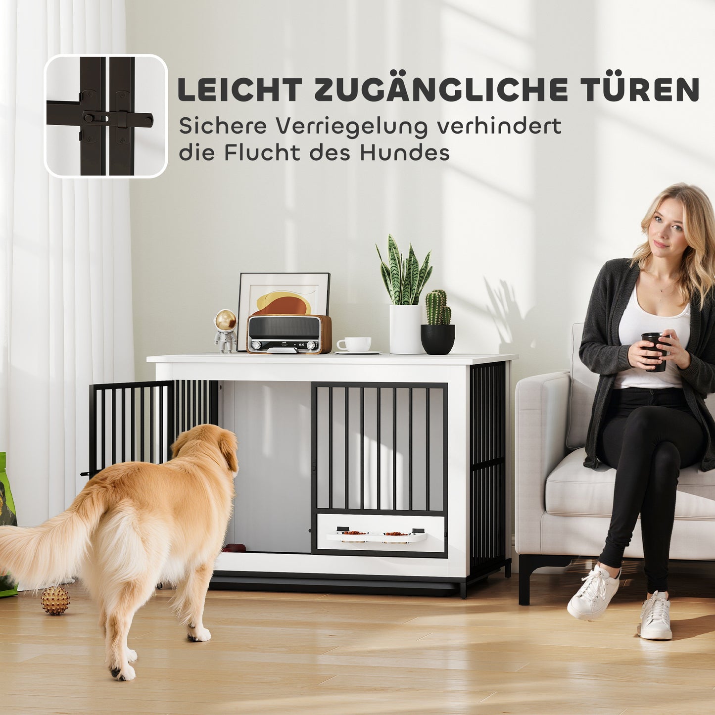 Hondenbench – Hondenkooi – Hondenhok – Draadkooi – Bench – Wit MDF & Metaal – Opvouwbaar Met Draaiende Voerbakken & Veilig Slot