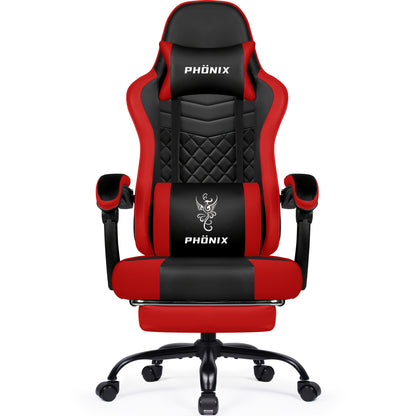 Gamingstoel – Gamestoel – Gaming Chair – Game Stoel – Bureaustoel – Ergonomisch – Verstelbare Rugleuning & Voetsteun – Memory Foam Kunstleer – Rood Phoenix Design
