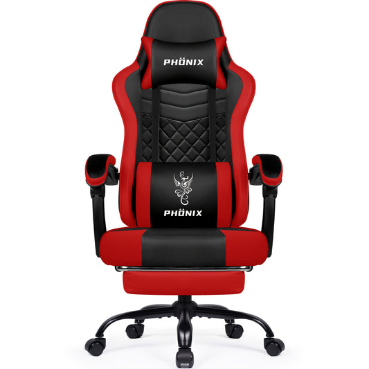 Gamingstoel – Gamestoel – Gaming Chair – Game Stoel – Bureaustoel – Ergonomisch – Verstelbare Rugleuning & Voetsteun – Memory Foam Kunstleer – Rood Phoenix Design