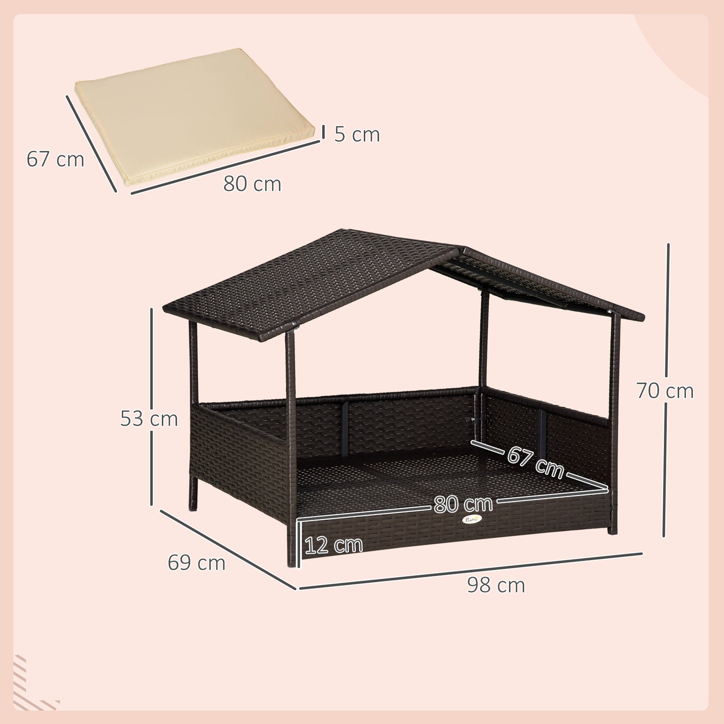 Hondenmand – Hondenbed – Hondenhuis – Hondenkussen – Overkapte Mand – Weerbestendig PE-Rattan – Verhoogd Met Antislip Poten – Koffiebruin – 69x98x70 cm