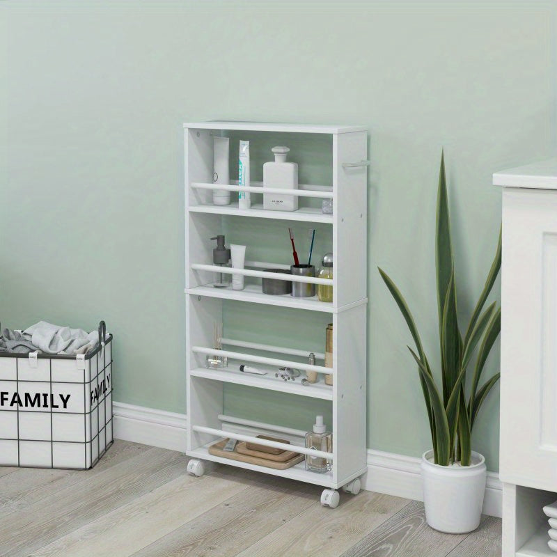 Opbergtrolley Smalle Trolley Keukentrolley Servertrolley Opberwwagen – Witte 45x15x91 cm – 4 Verdiepingen – 360° Zwenkwieltjes met Rem