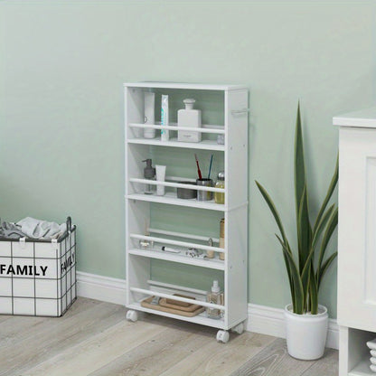 Opbergtrolley Smalle Trolley Keukentrolley Servertrolley Opberwwagen – Witte 45x15x91 cm – 4 Verdiepingen – 360° Zwenkwieltjes met Rem