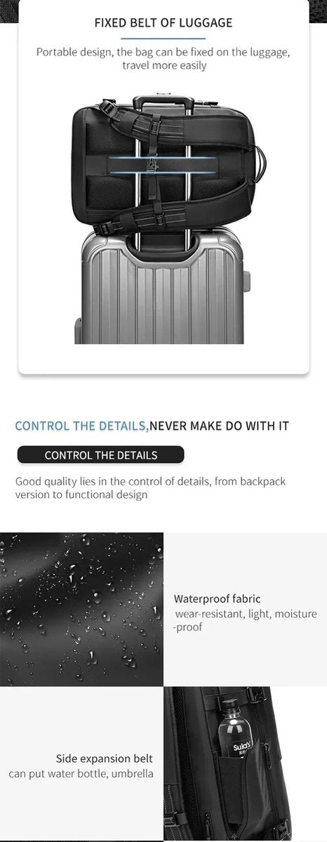 Vacuum Rugzak Handtas - Compressie - Met laptopvak - Met anti-diefstalslot - 57 tot 75 liter - 33 cm x 15 cm x 48 cm - Zwart