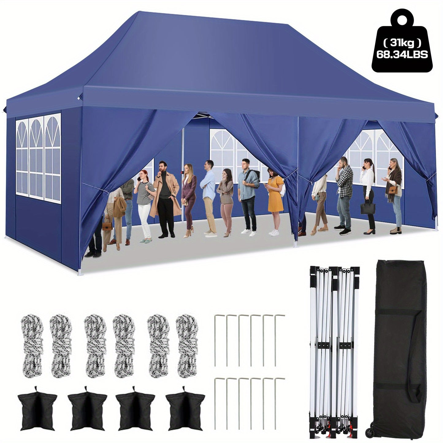 3x6m Pop-up Awning with 4 Detachable Side Walls, Portable Pop Up Canopy with Carry Bag, 3 Adjustable Heights Instant Gazebo for Parties, Wedding, Outdoor Events, Camping Shade, Wedding Gazebo, Foldable Design, Instant Setup,