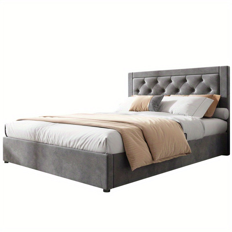 Tweepersoonsbed Chesterfield – Bed – Slaapbank – Logeerbed – Opbergbed – Grijs Velvet – Stalen Frame – Foam Hoofdbord – Opbergruimte Met Lifthendels 140x200 cm