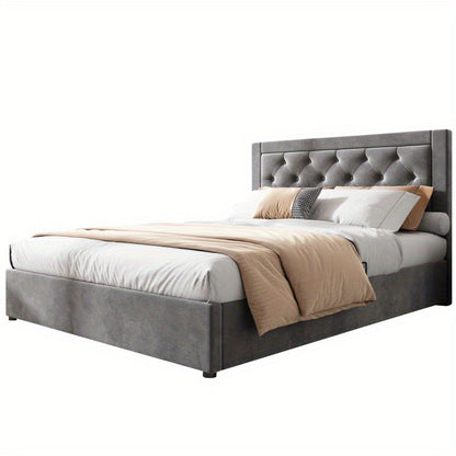 Tweepersoonsbed Chesterfield – Bed – Slaapbank – Logeerbed – Opbergbed – Grijs Velvet – Stalen Frame – Foam Hoofdbord – Opbergruimte Met Lifthendels 140x200 cm