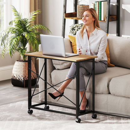 Inklapbaar Bureau – Vouwbureau – Werktafel – Laptoptafel – Mobiel Bureau – Eiken MDF Tafelblad – Stalen Frame – Wieltjes – Ruimtebesparend