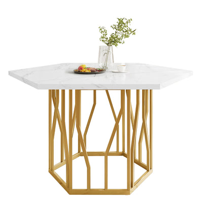 Eettafelset – Dinerset – Tafel En Stoelen – Keukentafelset – Eettafel Met Stoelen – Wit Marmeren Blad – Gouden Stalen Poten – 4 Groene Velvet Stoelen – Compact Hexagonaal Design – Duurzame MDF En Houtframe