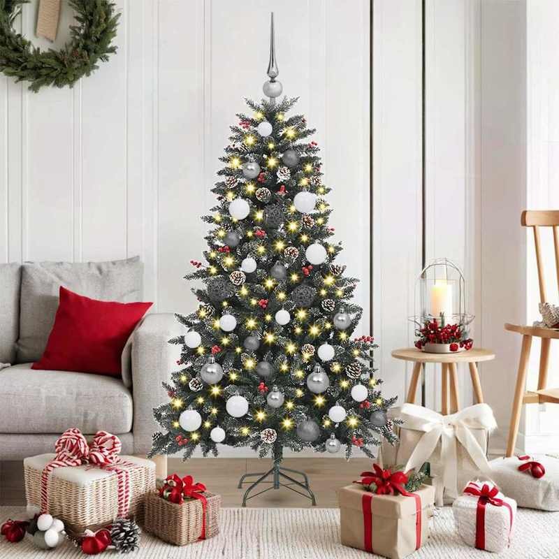 Full PVC Artificial Christmas Tree with Lush Green Foliage & Clear Ornament-Like Branch Tips - Pre-Lit with Warm White Lights, Sturdy Black Stand, No Electricity Needed, Easy Setup for Living Room, Bedroom, Window Display - D