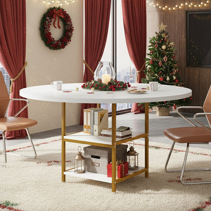 Bureau – Bureautafel – Computertafel – Werkplek – Office Desk – Wit met Gouden Accenten – Rond 120 cm – 2-laags Opbergruimte