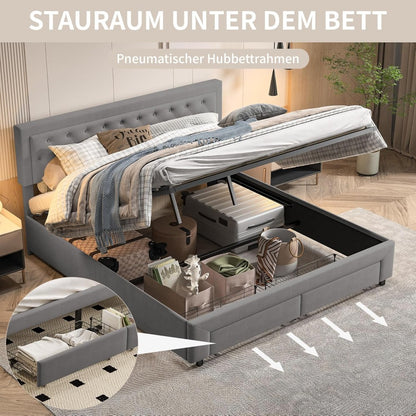 Tweepersoonsbed – Opbergbed – Ladebed – Bedkast – Slaapbank – Fluwelen Hoofdeinde – Gasdrukstang Lade – 160x200 cm Grijs