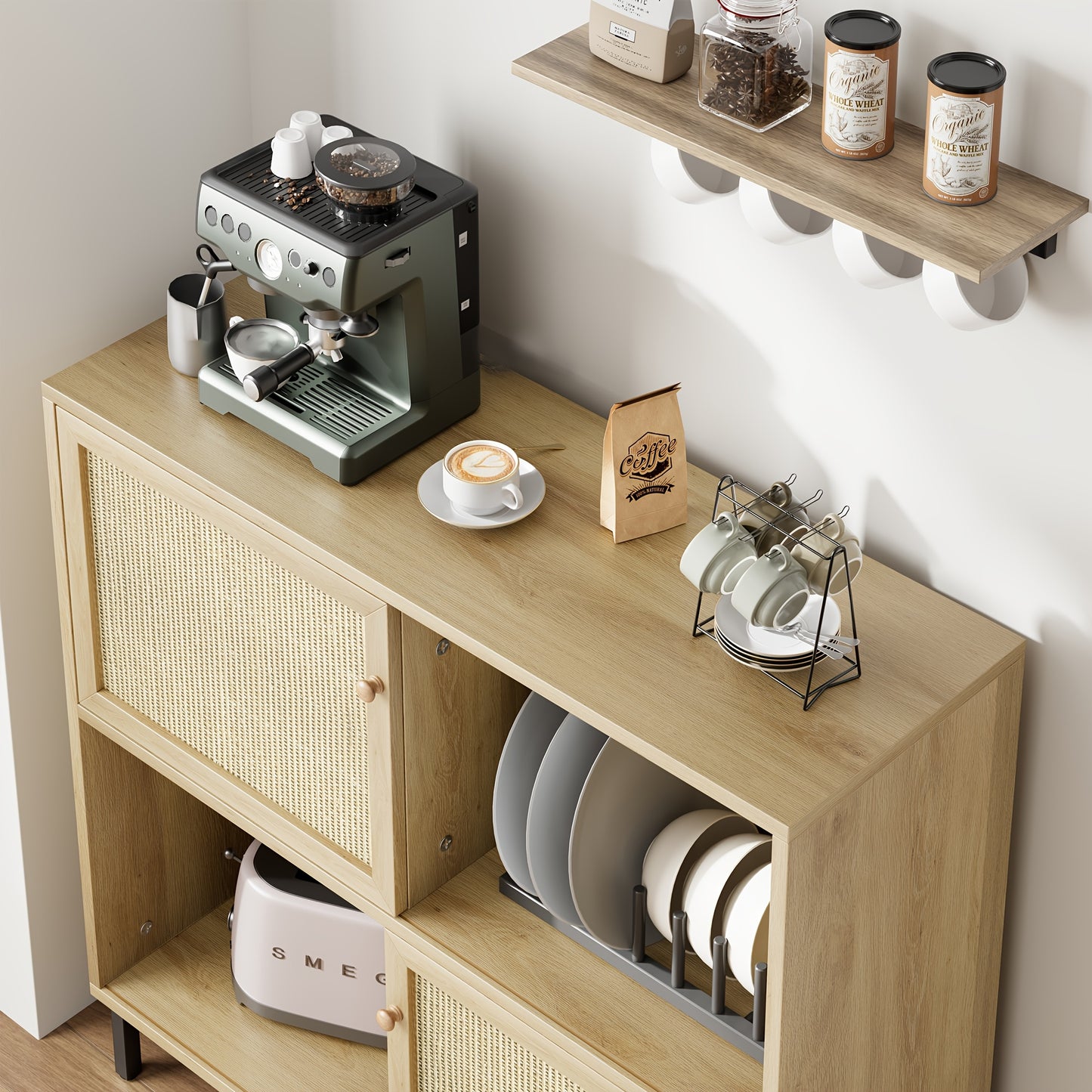 Wicker Opbergkast – Wicker Kast – Opbergmeubel – Keukenkast – Dressoir – Compacte Afmetingen 102x30x95 cm – Duurzaam Wicker Met Metaal