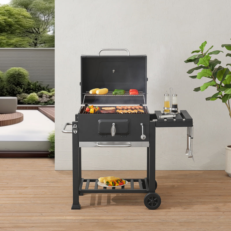 Grillwagen – Barbecuewagen – Houtskoolgrill – Tuingrill – BBQ Trolley – Ruime Grilloppervlakte 105x114x47,5 cm – Ingebouwde Thermometer & Traploze Houtskoolhoogteverstelling