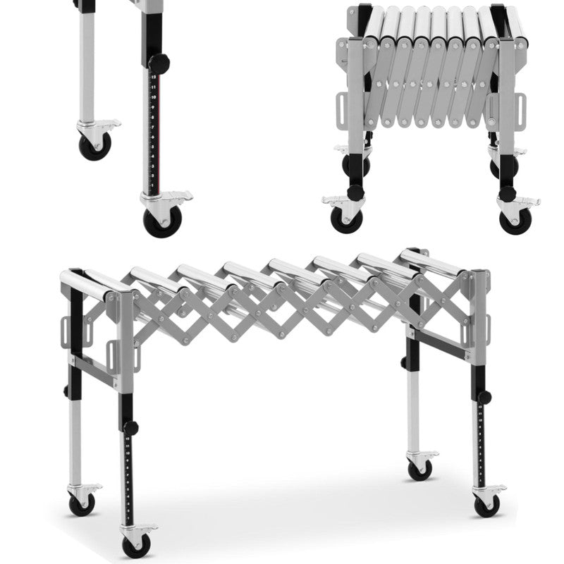 Roltafel – Rollentafel – Transporttafel – Werktafel – Verstelbare Tafel – Inklapbaar – 9 Stalen Rollen – Draagkracht 130 kg – 145x59x96 cm
