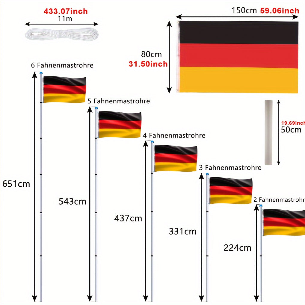 Aluminium Vlaggenstok – Vlaggenmast – Vlaggenpaal – Tuinvlaggenstok – Uitschuifbare Vlaggenstok – Met Duitse Vlag – Verstelbare Hoogte Tot 6,5 Meter – Weerbestendig Materiaal