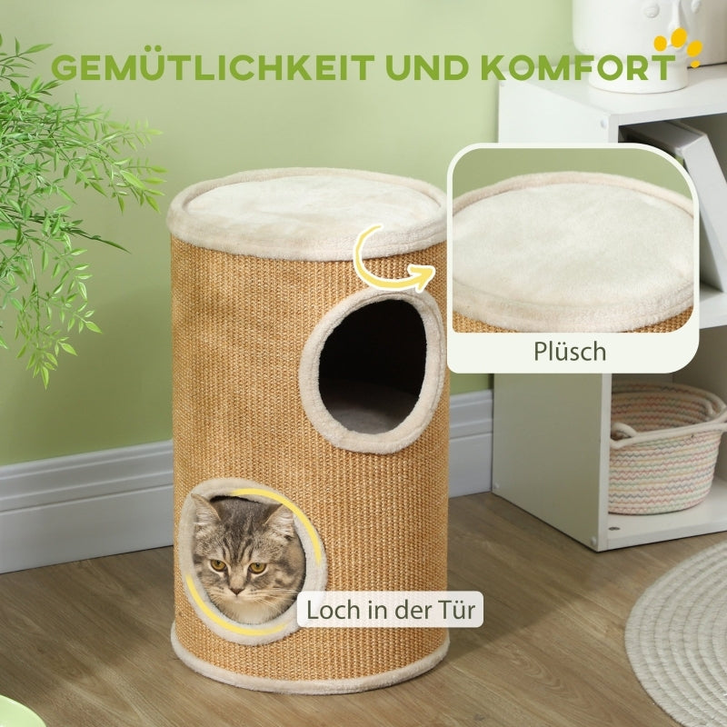 Krabpaal – Kattenboom – Krabton – Kattenmeubel – Kattentoren – Pluche Bekleding – Sisal Kraboppervlak – 35 x 60 cm – Geschikt Tot 10 kg – Bruin-Beige
