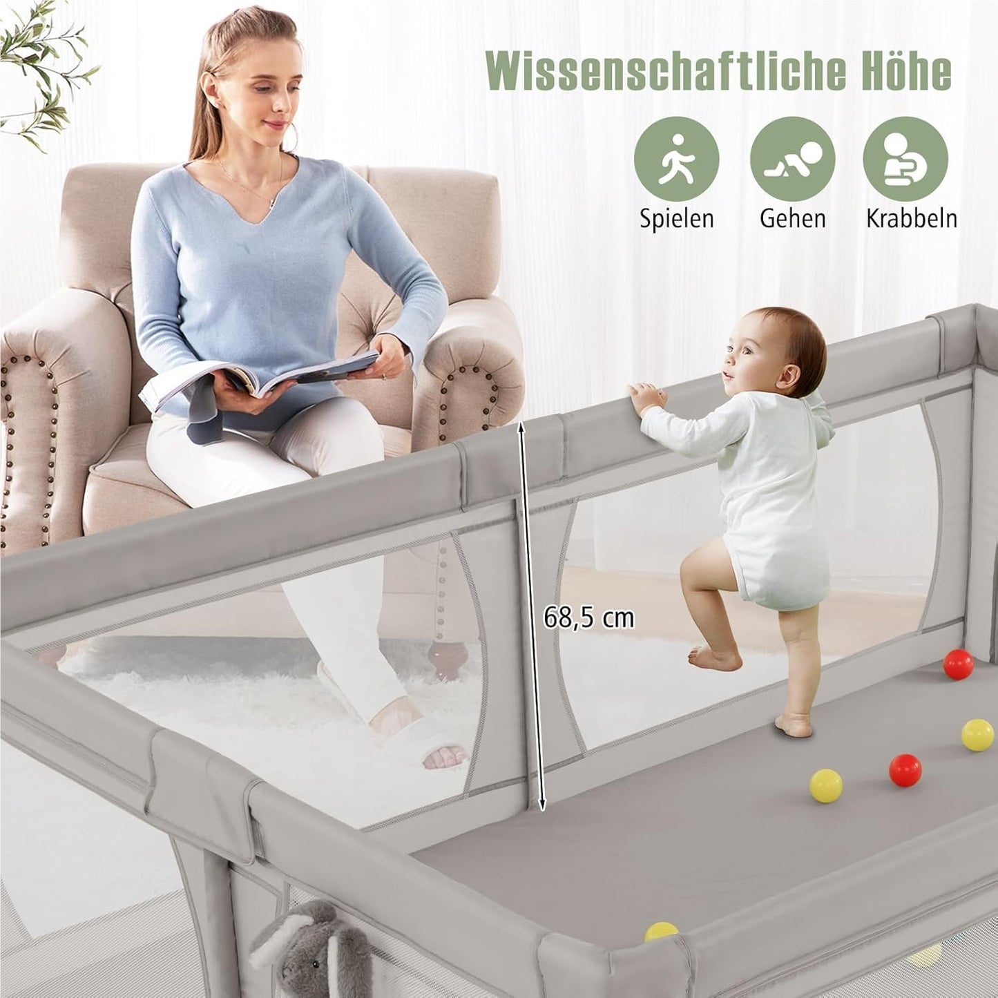 Speelbox – Babybox – Kinderbox – Grondbox – Playpen – Lichtgrijs – Ruim Speeloppervlak 205x147 cm – Inclusief 50 Speelballen & Dubbelzijdige Speelmat