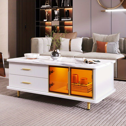 Salontafel – Koffietafel – Bijzettafel – Lounge Tafel – Woonkamertafel – Marmerprint Tafelblad – Gouden Accenten – Opberglades met Golvend Patroon – Getemperd Glas – Hoogwaardig Spaanplaat
