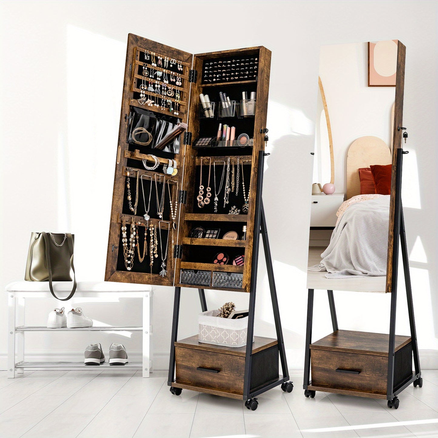 Sieradenkast – Sieradenkist – Jewelry Armoire – Sieradenhouder – Sieradendoos – Met Slot – Volledige Spiegel – Grote Opbergruimte – Mobiel Op Wielen – Hout Kleur Koffie