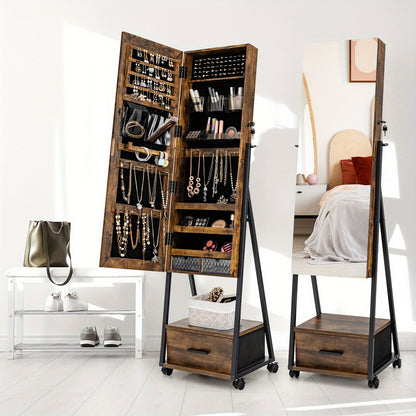 Sieradenkast – Sieradenkist – Jewelry Armoire – Sieradenhouder – Sieradendoos – Met Slot – Volledige Spiegel – Grote Opbergruimte – Mobiel Op Wielen – Hout Kleur Koffie