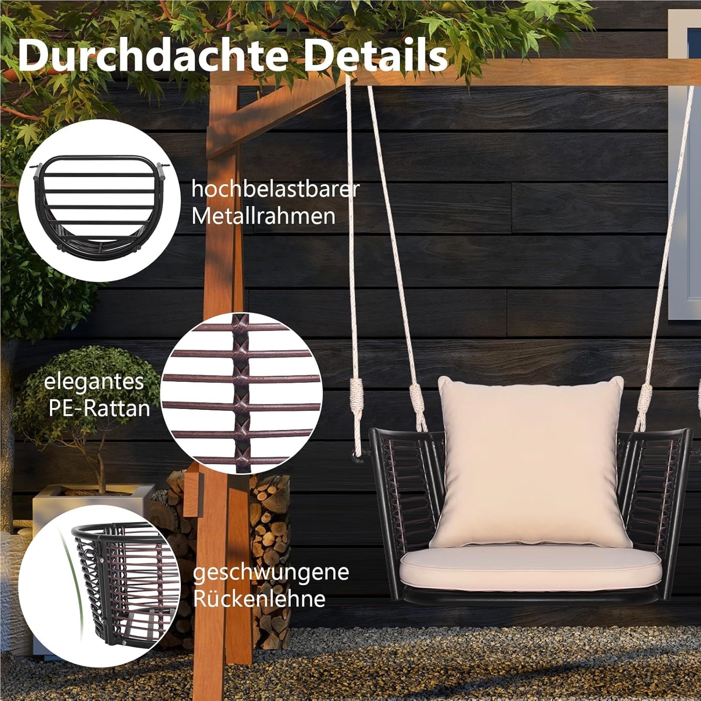 Hangstoel – Hangfauteuil – Schommelstoel – Hangmatstoel – Tuinstoel – Rattan – Met Metalen Frame – Inclusief Kussens – Tot 180 kg Belastbaar – Beige