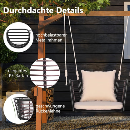 Hangstoel – Hangfauteuil – Schommelstoel – Hangmatstoel – Tuinstoel – Rattan – Met Metalen Frame – Inclusief Kussens – Tot 180 kg Belastbaar – Beige