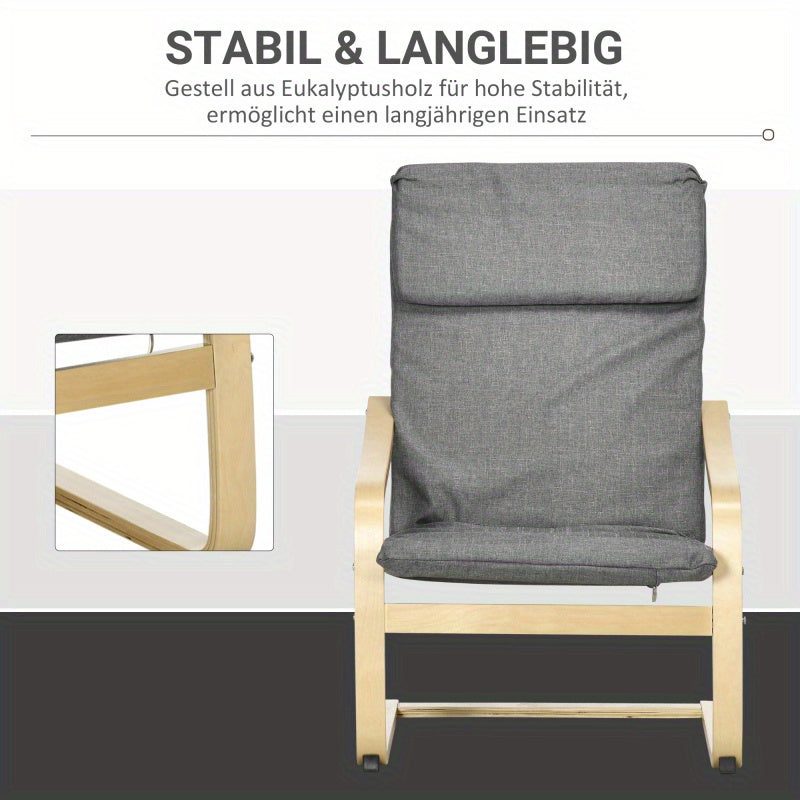 Relaxstoel – Fauteuil – Schommelstoel – Eetstoel – Lounge Chair – Donkergrijs Linnenlook – Berkenhouten Frame – Compact 66,5x80x99 cm – Met Hoofdsteun en Armleuningen