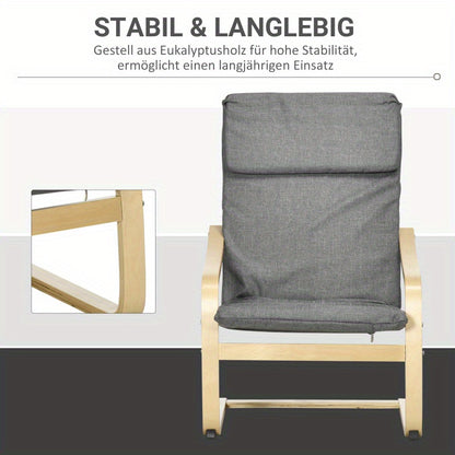 Relaxstoel – Fauteuil – Schommelstoel – Eetstoel – Lounge Chair – Donkergrijs Linnenlook – Berkenhouten Frame – Compact 66,5x80x99 cm – Met Hoofdsteun en Armleuningen