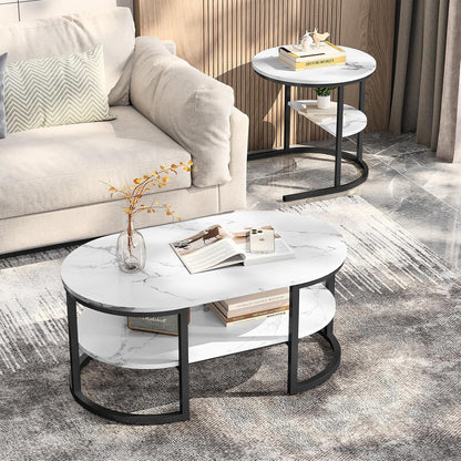 Salontafel – Woonkamertafel – Bijzettafel – Koffietafel – Set Van 2 Ronde En Ovale Tafels – Dubbele Opbergruimte – Stevig Metalen Frame