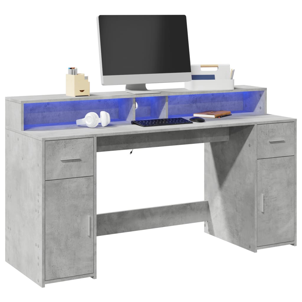 Laptoptablet – Bureau – Werkplek – Laptoptafel – Bureau met Opbergruimte – Beton Grijs – RGB LED Verlichting – 160 x 55 x 91 cm
