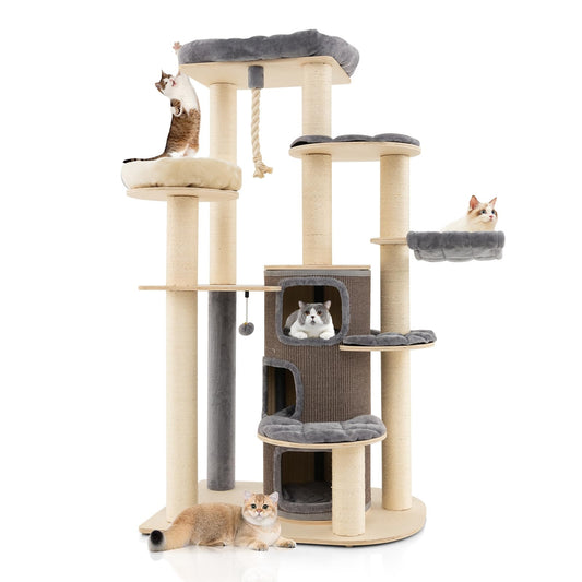 Krabpaal – Klimmeubel – Kattenmeubel – Kattenhuis – Speelboom – 173 cm Hoog – Massief Hout Met Sisal & Pluche