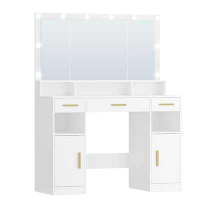 Grote Make-up Tafel – Kaptafel – Vanity Desk – Dressing Table – Opbergmeubel – Wit Met Gouden Handvaten – 3 Laden & 2 Kasten Met 5 Open Vakken – Hout & Spaanplaat – 140x108x40 cm