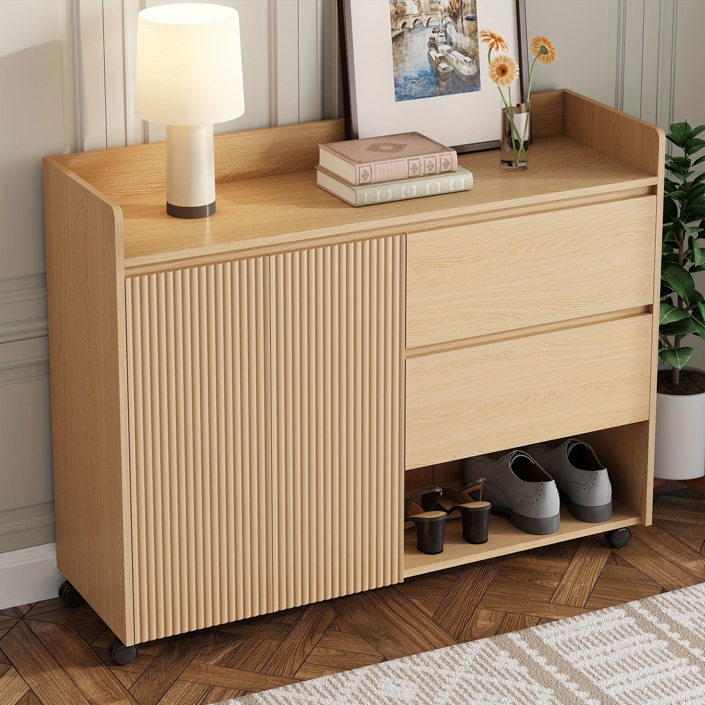 Schoenenkast – Schoenenrek – Schoenenopberger – Schoenenbankje – Schoenenkastje – Mobiel op wieltjes – Verstelbare planken – Met zachte sluiting – Stevig metalen frame – Ruimtebesparend design – Arched top – Wit/Zwart/Beige/Grijs