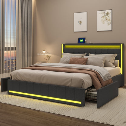 YCZ Bed Frame with Storage Space, Double Headboard Upholstered Bed with LED and USB, Storage Bed with 4 Drawers and Mattress, for Adults, BCDE
