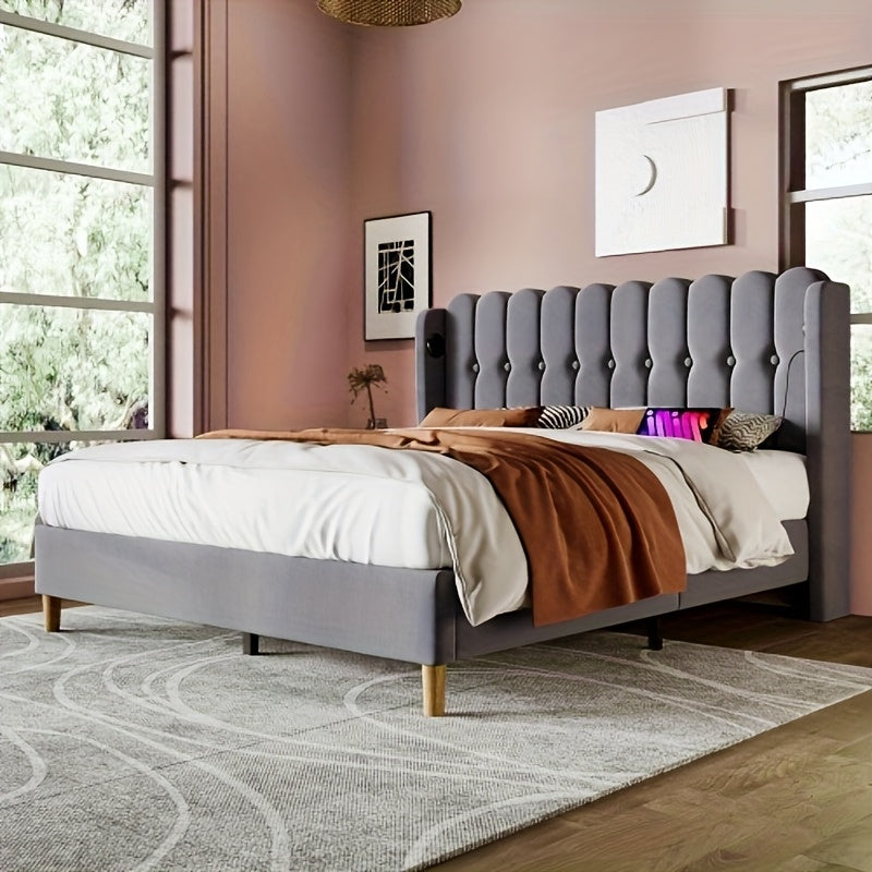 Bedframe – Bed Frame – Bed Steiger – Bedmontage – Slaapkamer Meubel – Grijs – Minimalistisch Design – Bamboe Materiaal – Ingebouwd Nachtkastje