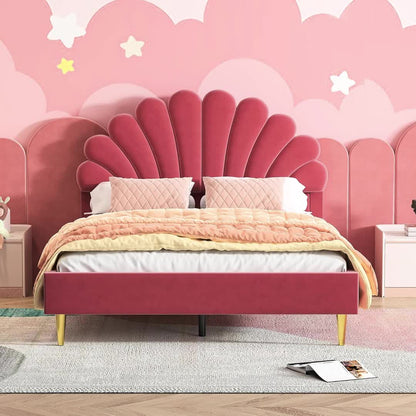 Tweepersoonsbed – Bedframe – Boxspring – Bed – Slaapbed – Rood Fluwelen Bekleding – 140 x 200 cm – Stevig Houten Frame