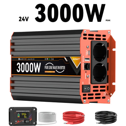 Omvormer 24V Naar 220V – Stroomomzetter – Spanningsconverter – Inverter – DC Naar AC Omvormer – 3000W Continu Vermogen – Pure Sinusuitgang Met LCD Display