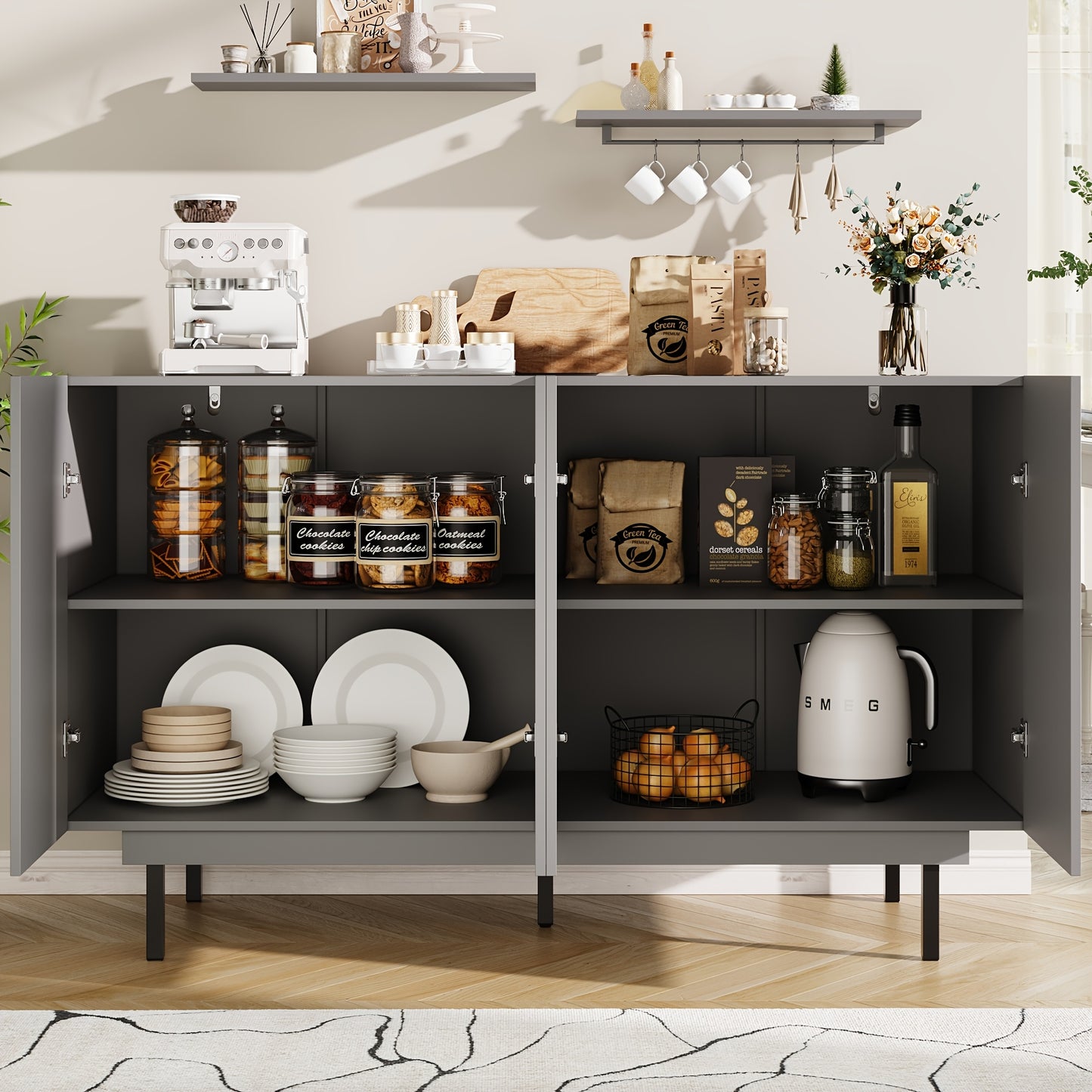 Dressoir – Kasten – Opbergkast – Buffetkast – Sideboard – Vrijstaand Grijs – Compact 140x38,5x82,5 cm – Onderhoudsvriendelijk Materialen