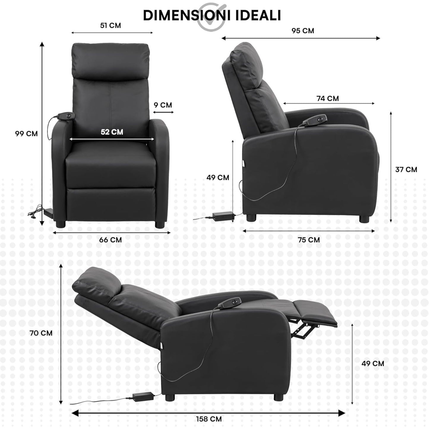 Relaxfauteuil – Relaxstoel – Elektrische Fauteuil – TV Stoel – Loungestoel – Elektrisch Verstelbaar – Met Voetsteun – Zwart Kunstleer – Compact 66x75x99 cm