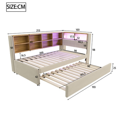 Sofa Bed 90x200, Pull-out Bed 90x190, Equipped with Multiple Storage Compartments, Upholstered Bed, Multi-functional Sofa Bed, Single Bed, Flannel, Beige.